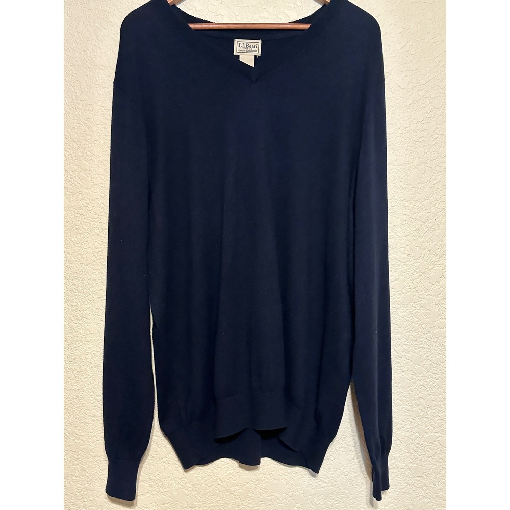 LL Bean Mens XL Navy Blue Cotton Cashmere V-Neck Sweater work Casual layer